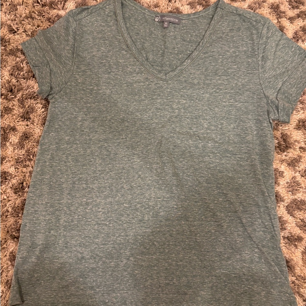 Wit & Wisdom Heathered Green Short Sleeve Tee with embellishment on v-neck
